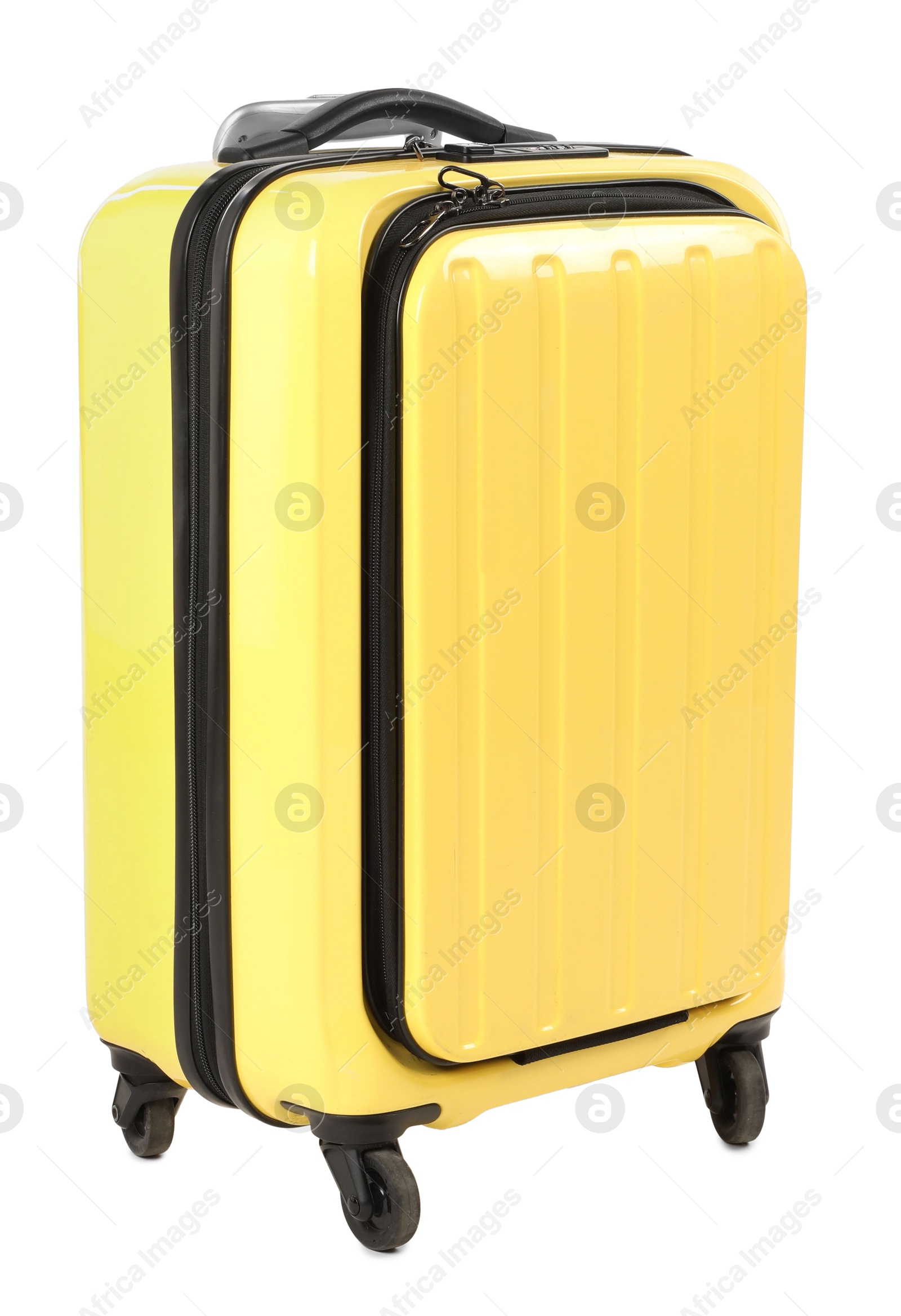 Photo of One new yellow suitcase isolated on white