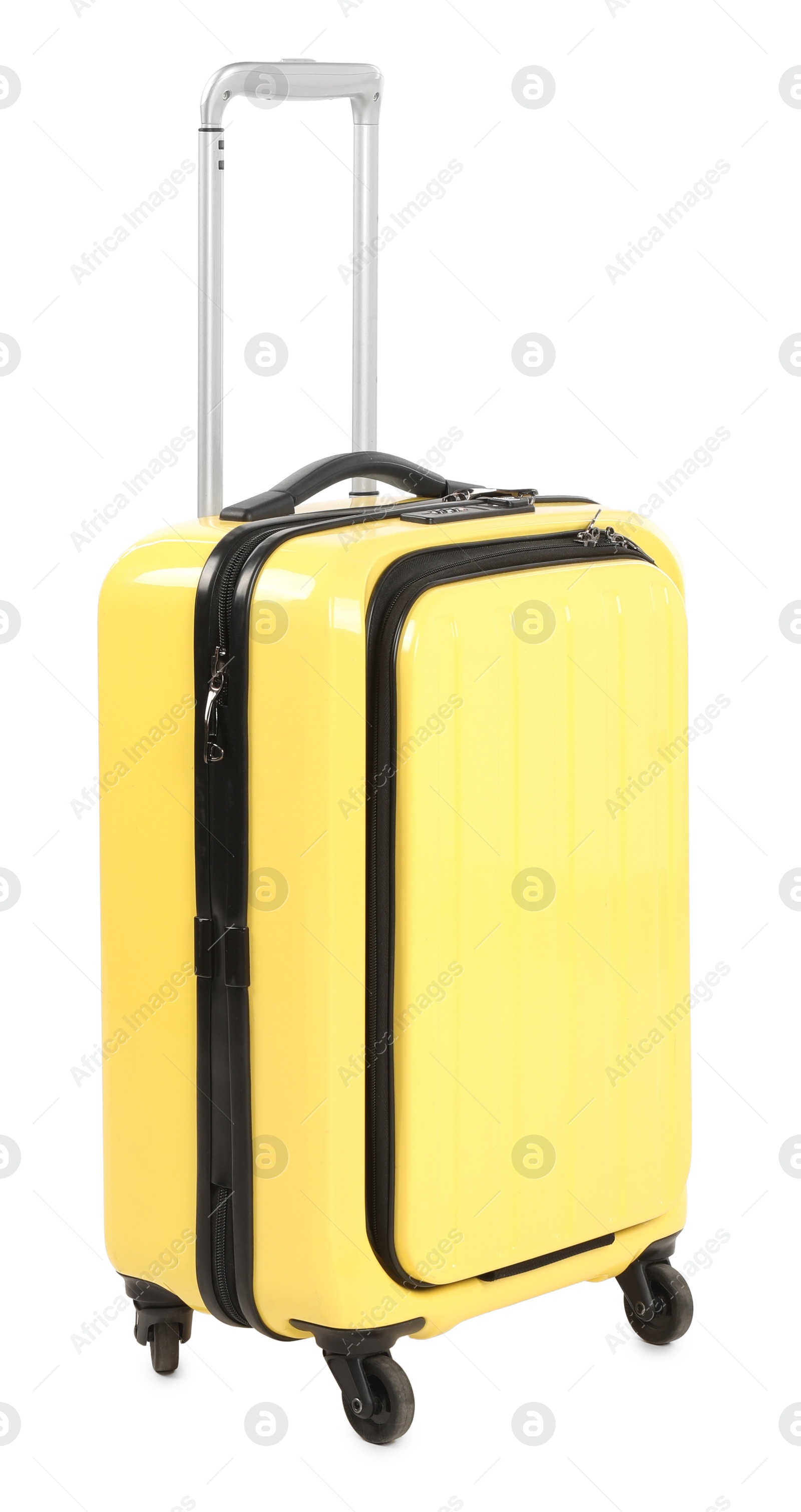 Photo of One new yellow suitcase isolated on white