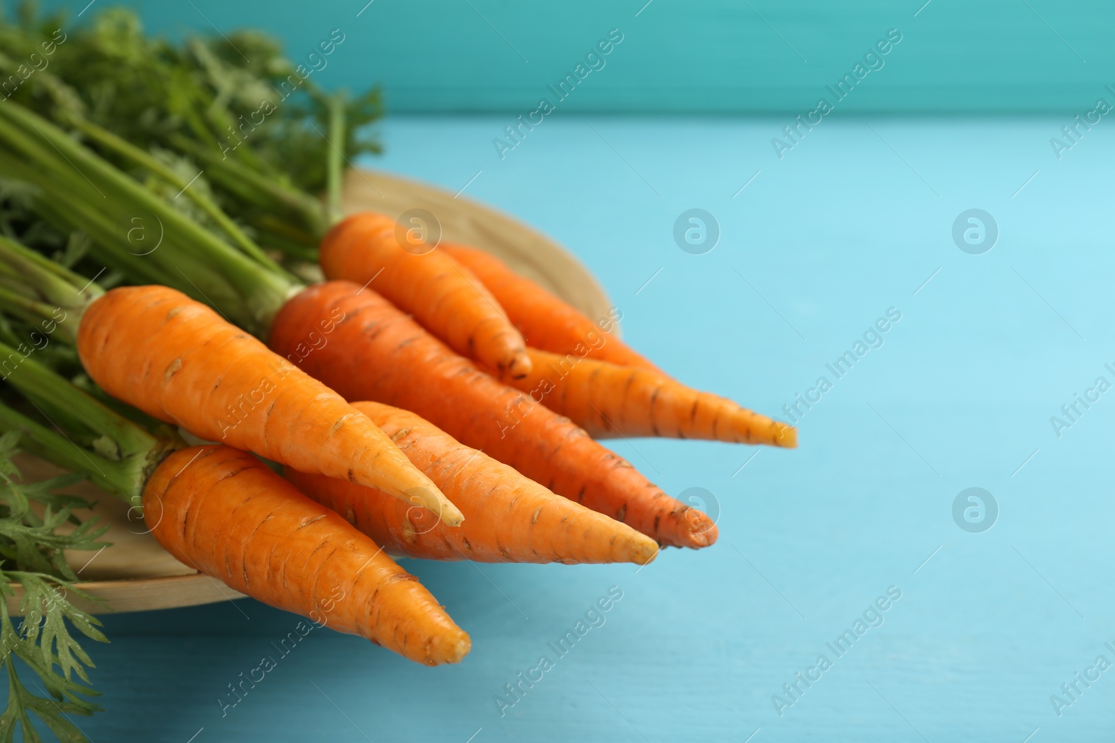 Photo of Tasty ripe juicy carrots on light blue wooden table, closeup. Space for text