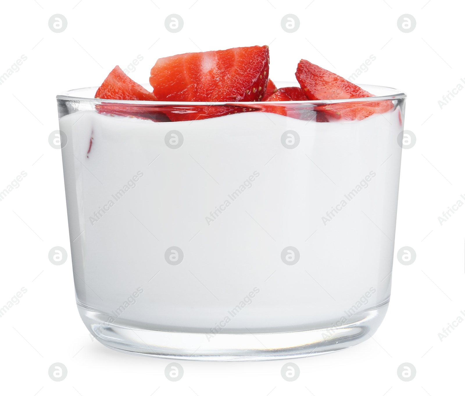 Photo of Tasty yogurt with strawberries in glass isolated on white