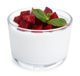 Photo of Tasty yogurt with plums and mint in glass isolated on white