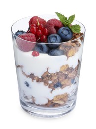 Photo of Tasty yogurt with fresh berries, granola and mint in glass isolated on white