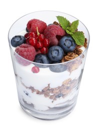 Photo of Tasty yogurt with fresh berries, granola and mint in glass isolated on white