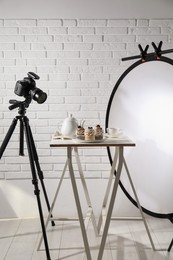 Shooting food in photo studio with professional equipment