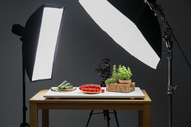 Photo of Shooting food in photo studio with professional lighting equipment