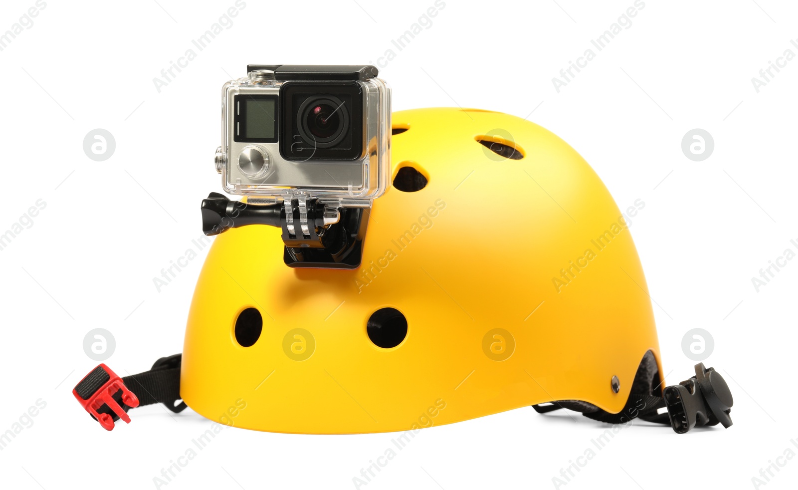 Photo of Modern action camera on helmet against white background