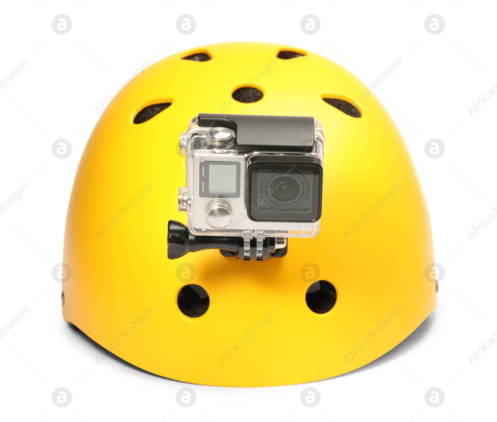 Photo of Modern action camera on helmet against white background