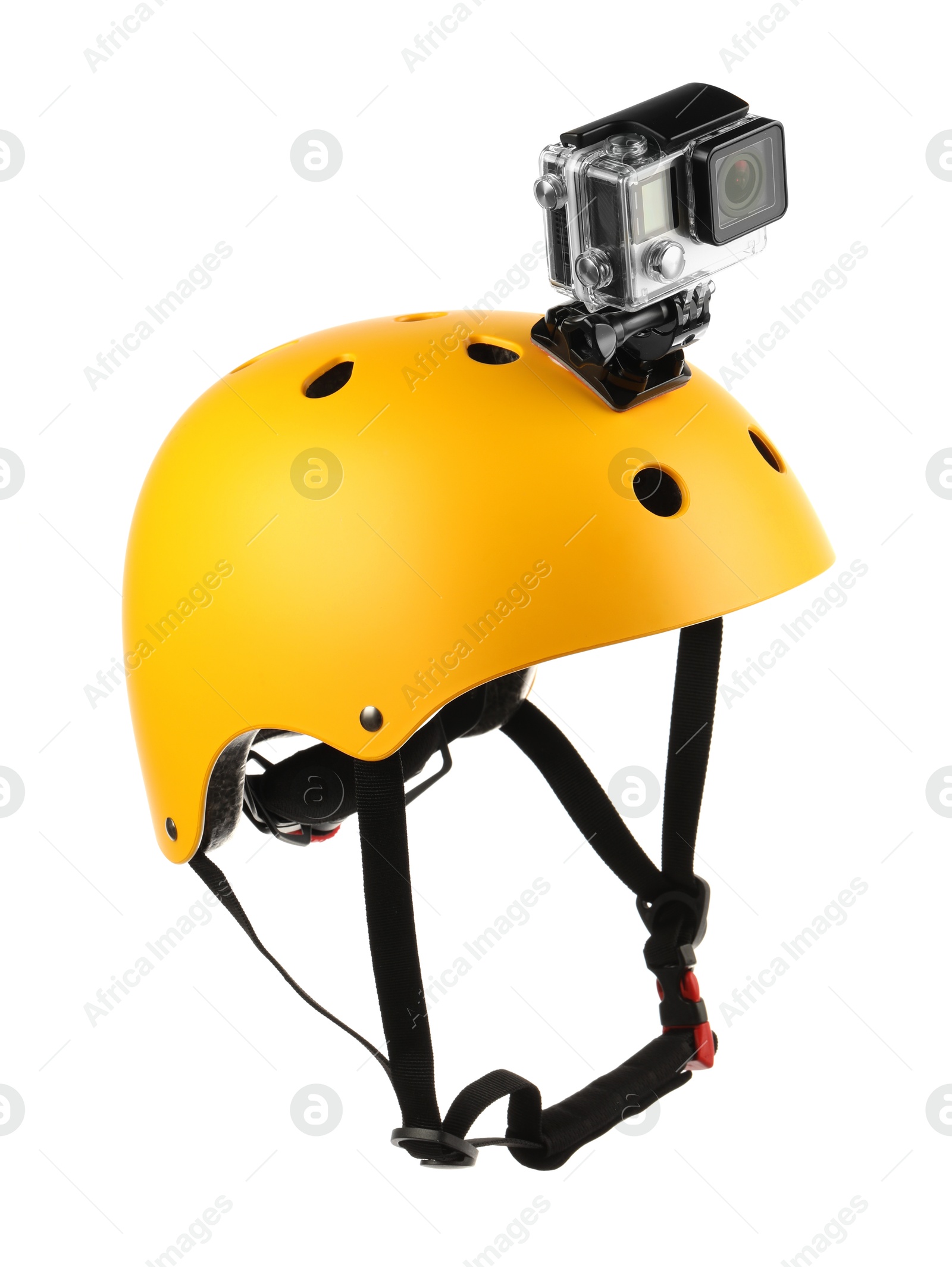 Photo of Modern action camera on helmet against white background