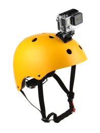 Photo of Modern action camera on helmet against white background