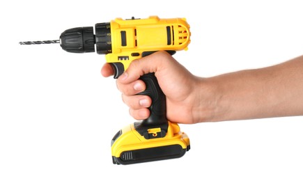 Photo of Man with cordless electric drill on white background, closeup