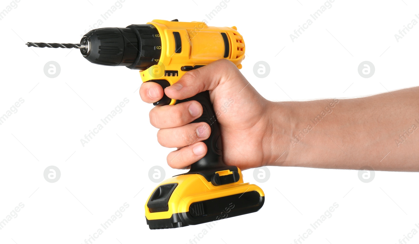 Photo of Man with cordless electric drill on white background, closeup