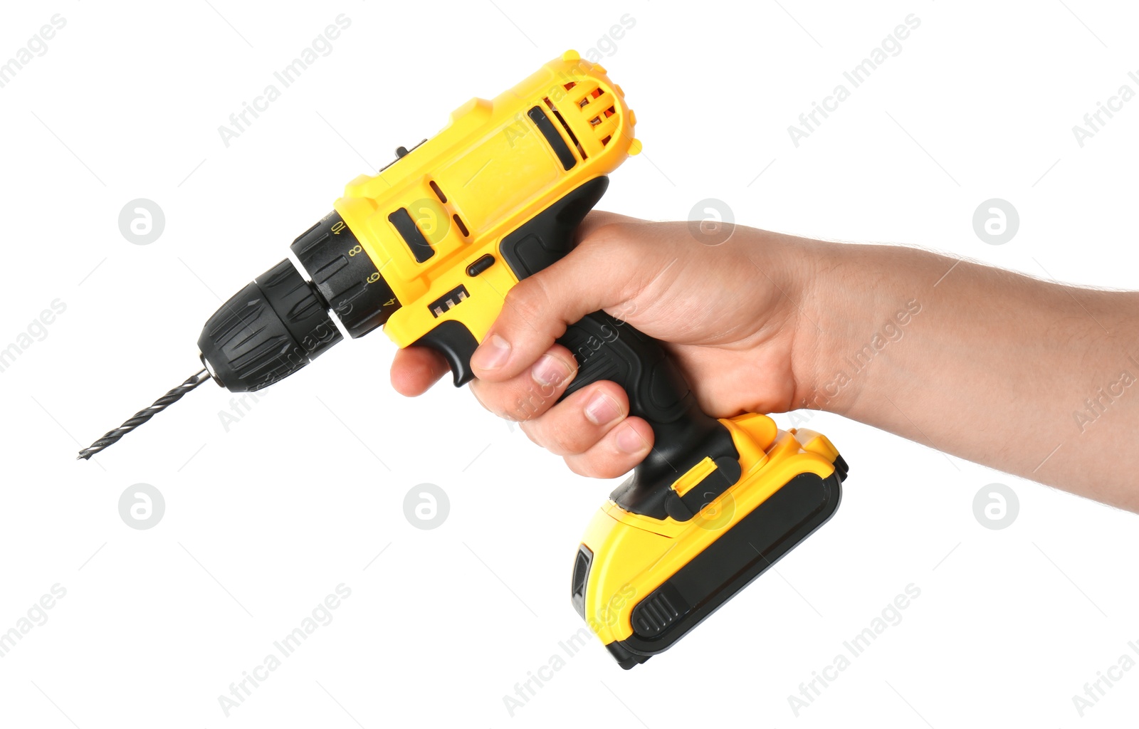 Photo of Man with cordless electric drill on white background, closeup