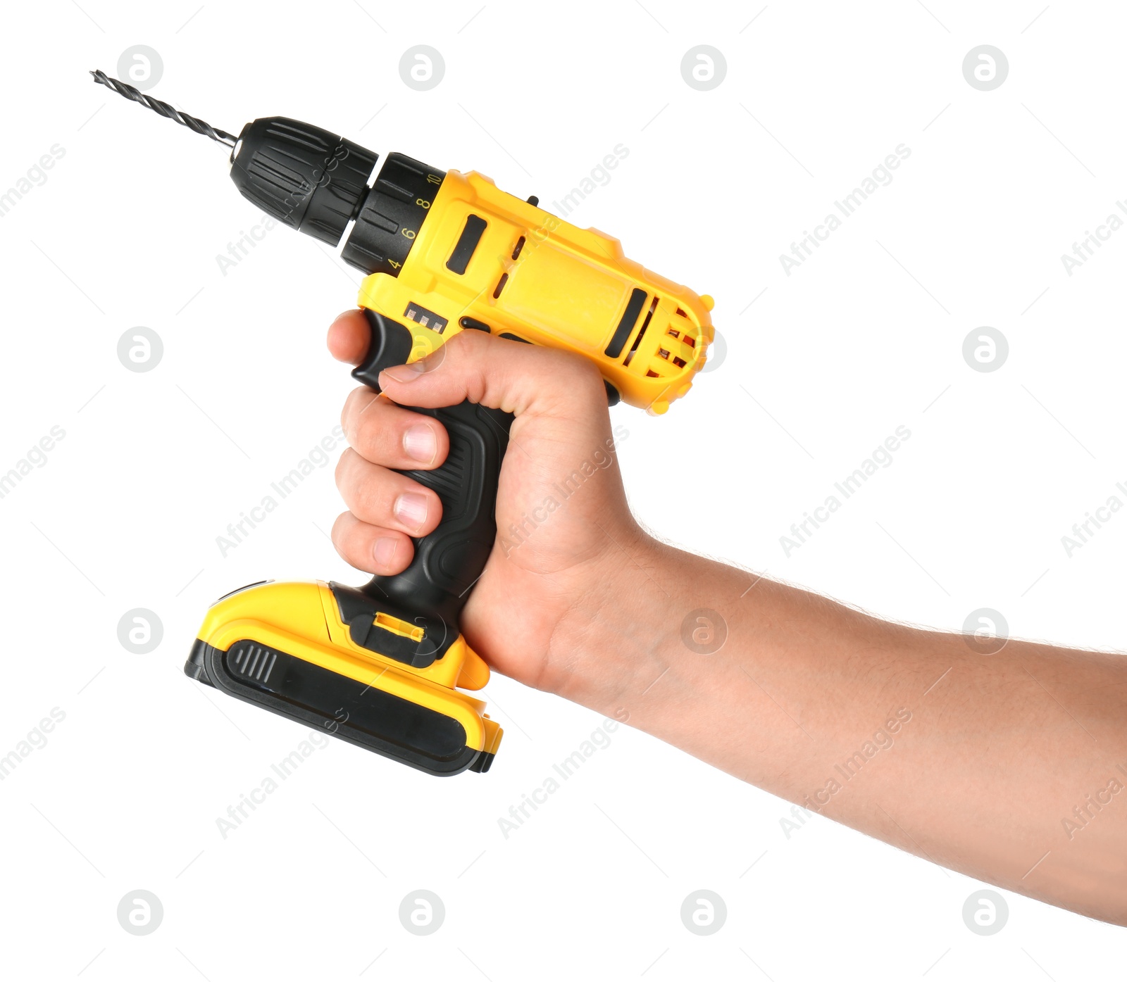 Photo of Man with cordless electric drill on white background, closeup