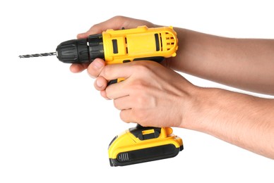 Photo of Man with cordless electric drill on white background, closeup