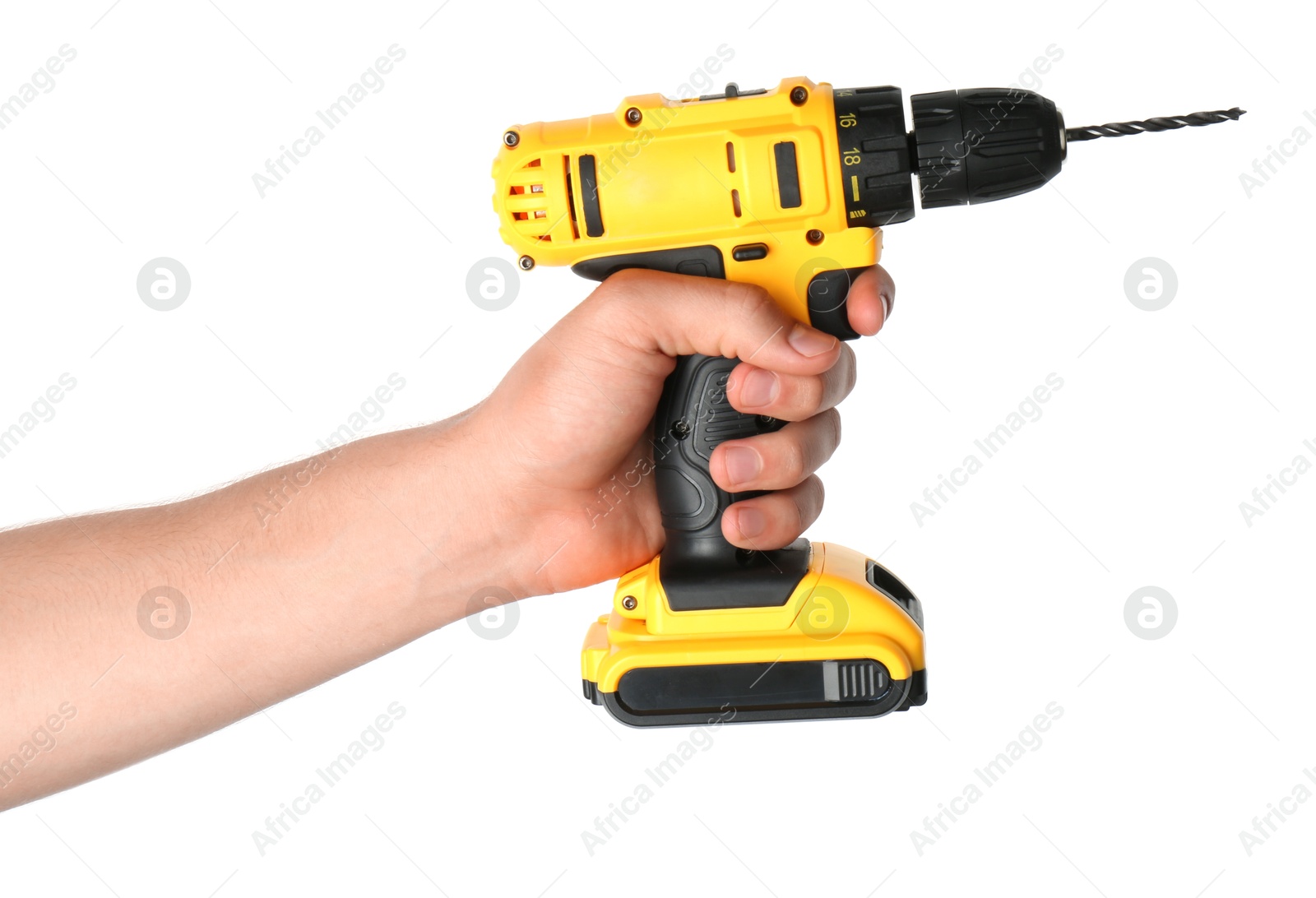 Photo of Man with cordless electric drill on white background, closeup