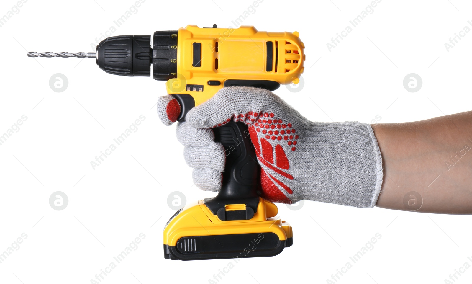 Photo of Man with cordless electric drill on white background