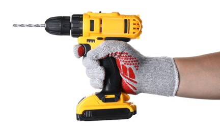 Photo of Man with cordless electric drill on white background