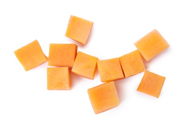 Pieces of fresh ripe carrot isolated on white, top view