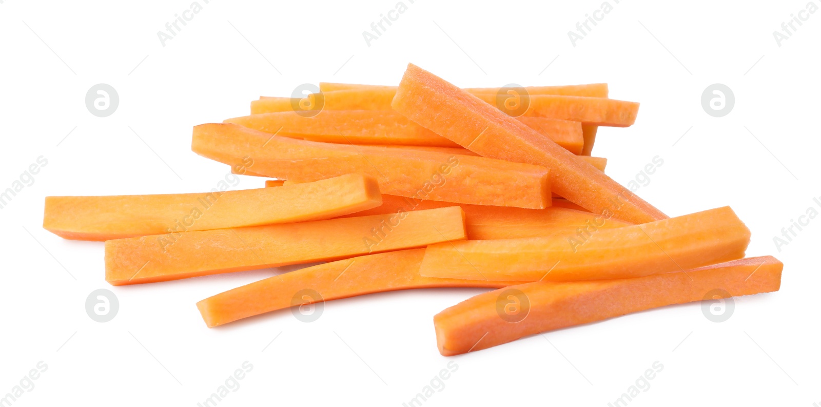 Photo of Fresh ripe carrot sticks isolated on white