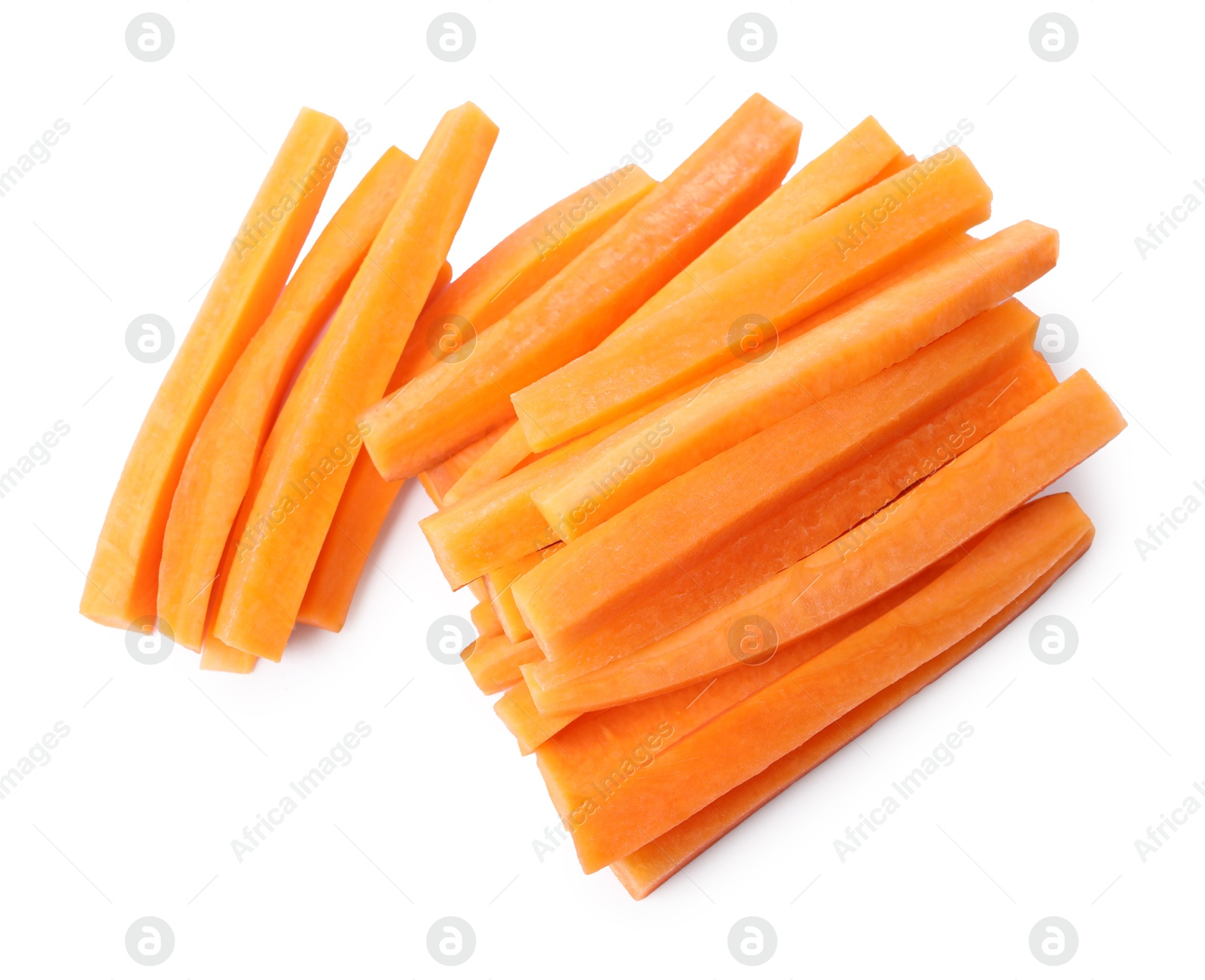 Photo of Fresh ripe carrot sticks isolated on white