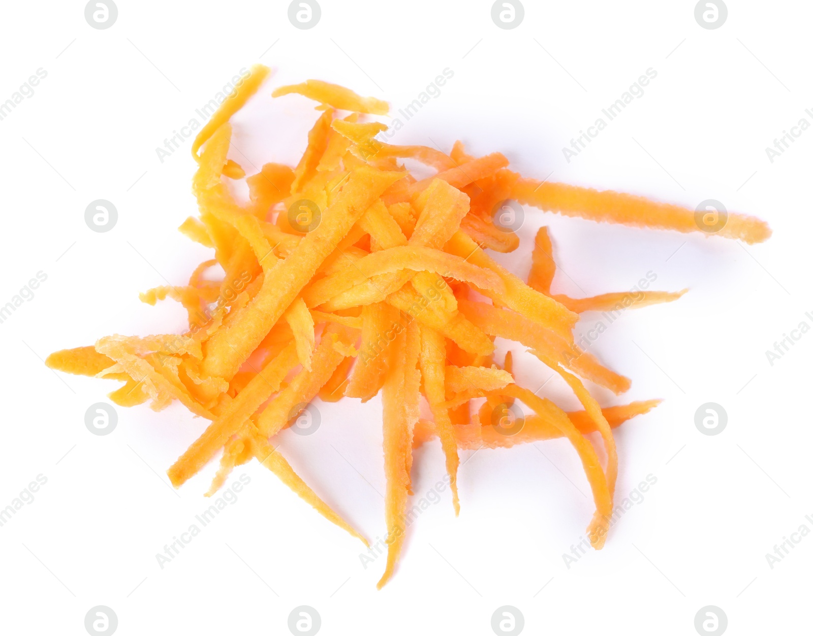 Photo of Pile of fresh grated carrot isolated on white, top view