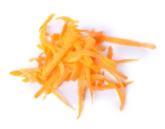 Photo of Pile of fresh grated carrot isolated on white, top view