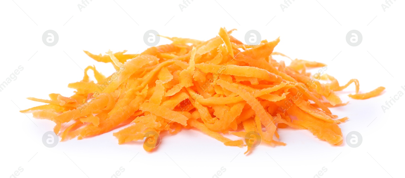 Photo of Pile of fresh grated carrot isolated on white