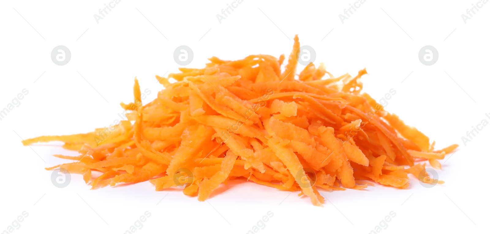 Photo of Pile of fresh grated carrot isolated on white