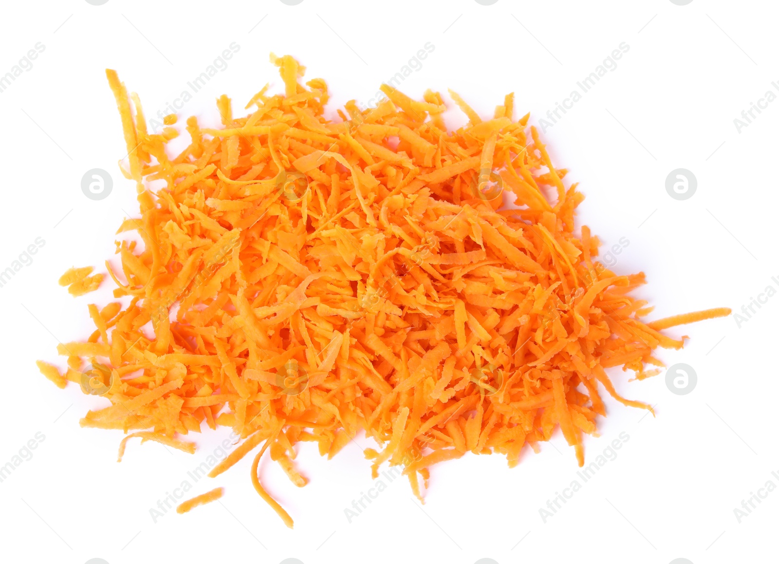 Photo of Pile of fresh grated carrot isolated on white, top view