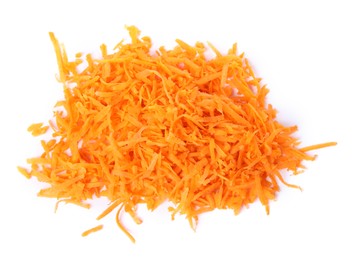 Photo of Pile of fresh grated carrot isolated on white, top view