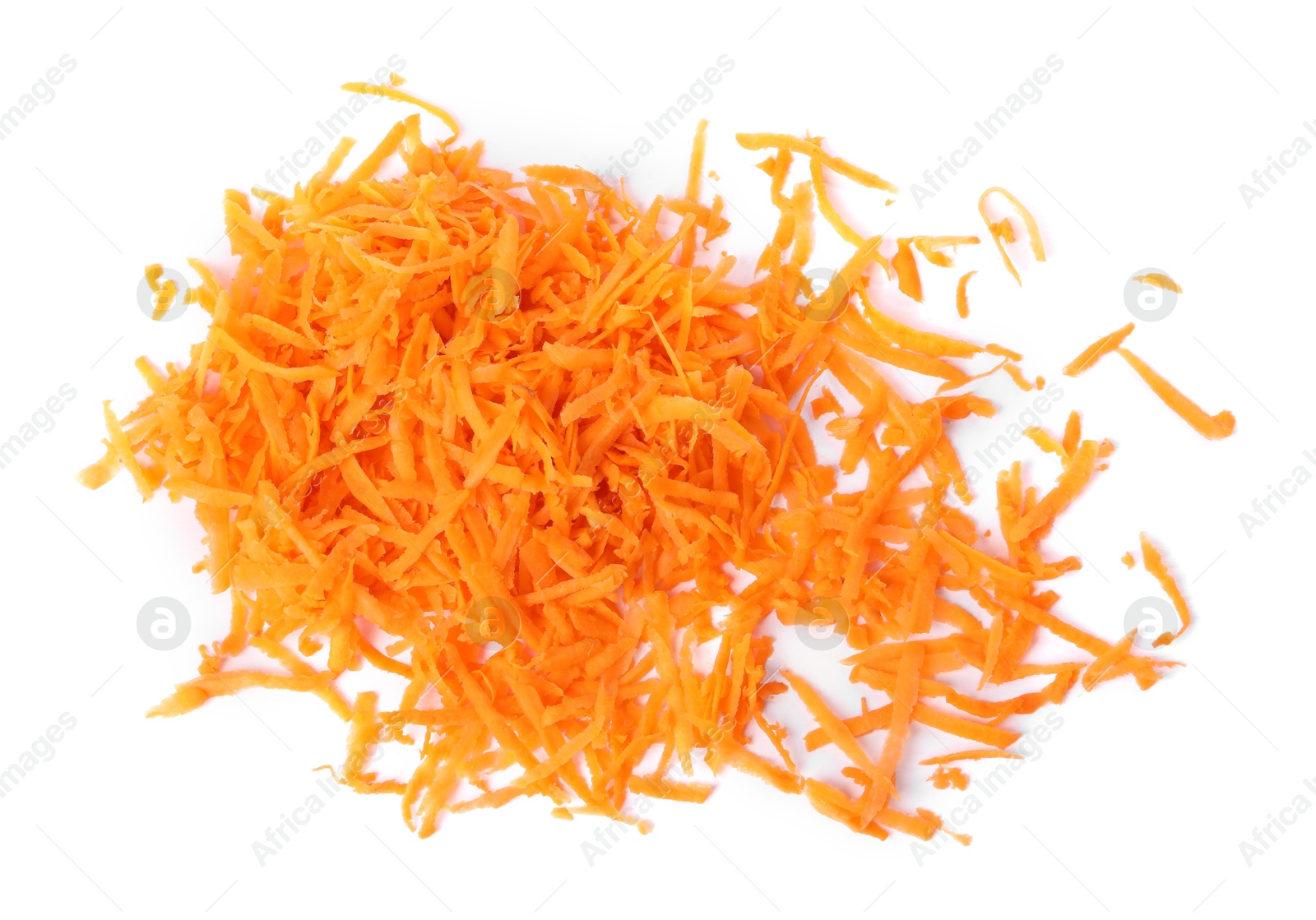 Photo of Pile of fresh grated carrot isolated on white, top view