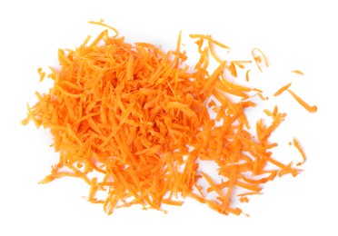 Pile of fresh grated carrot isolated on white, top view