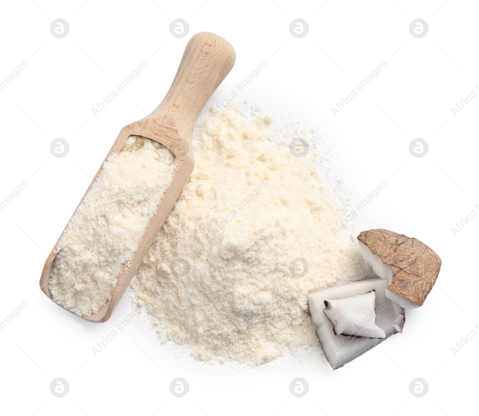 Photo of Fresh coconut flour, scoop and nut isolated on white, top view