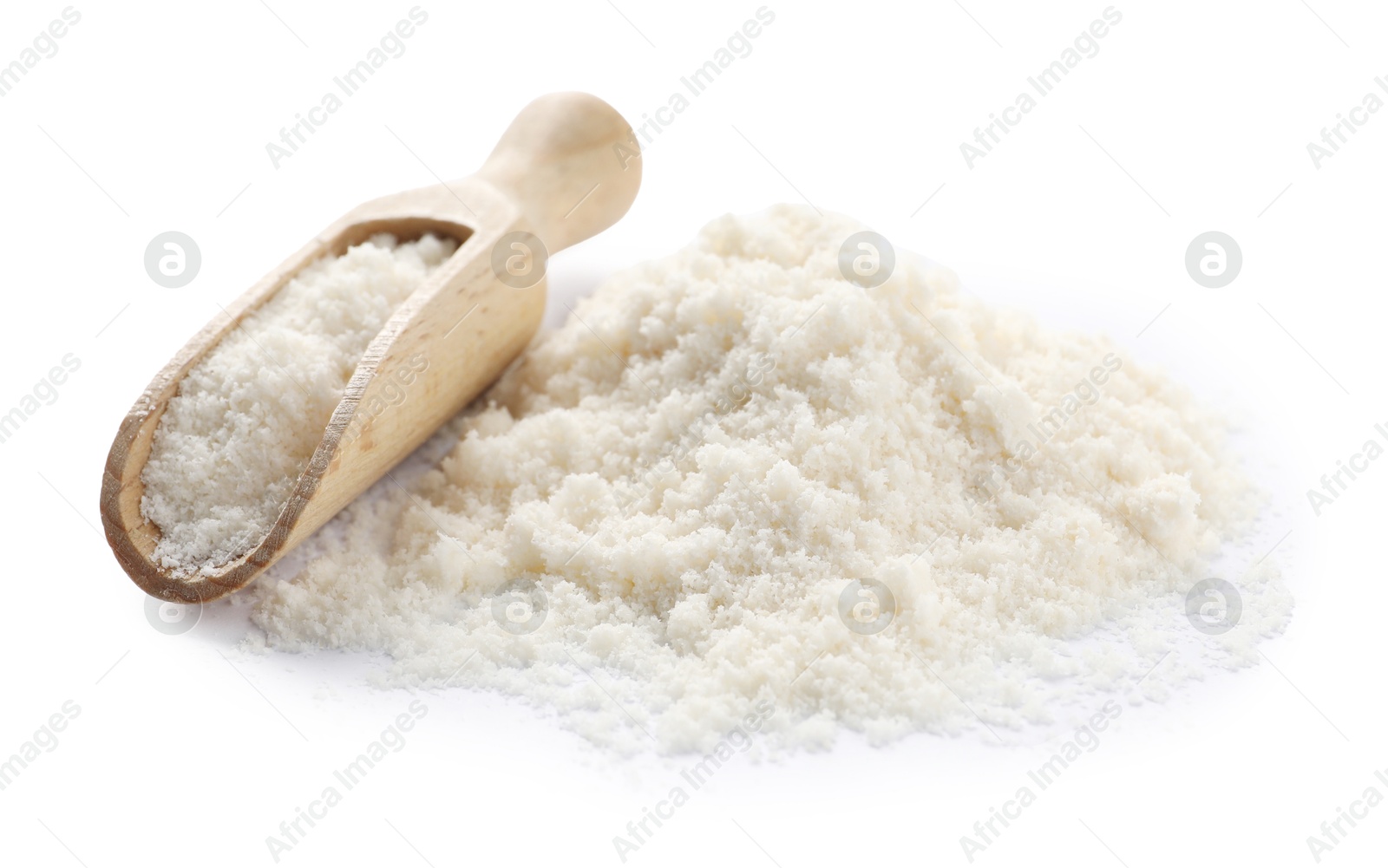 Photo of Fresh coconut flour and scoop isolated on white