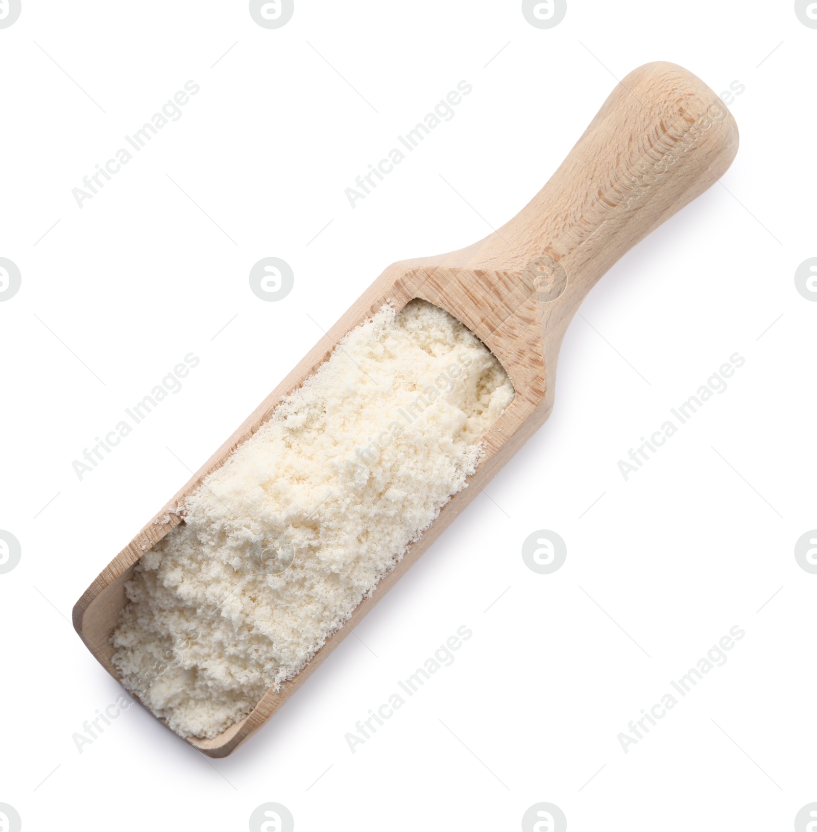 Photo of Fresh coconut flour in scoop isolated on white, top view