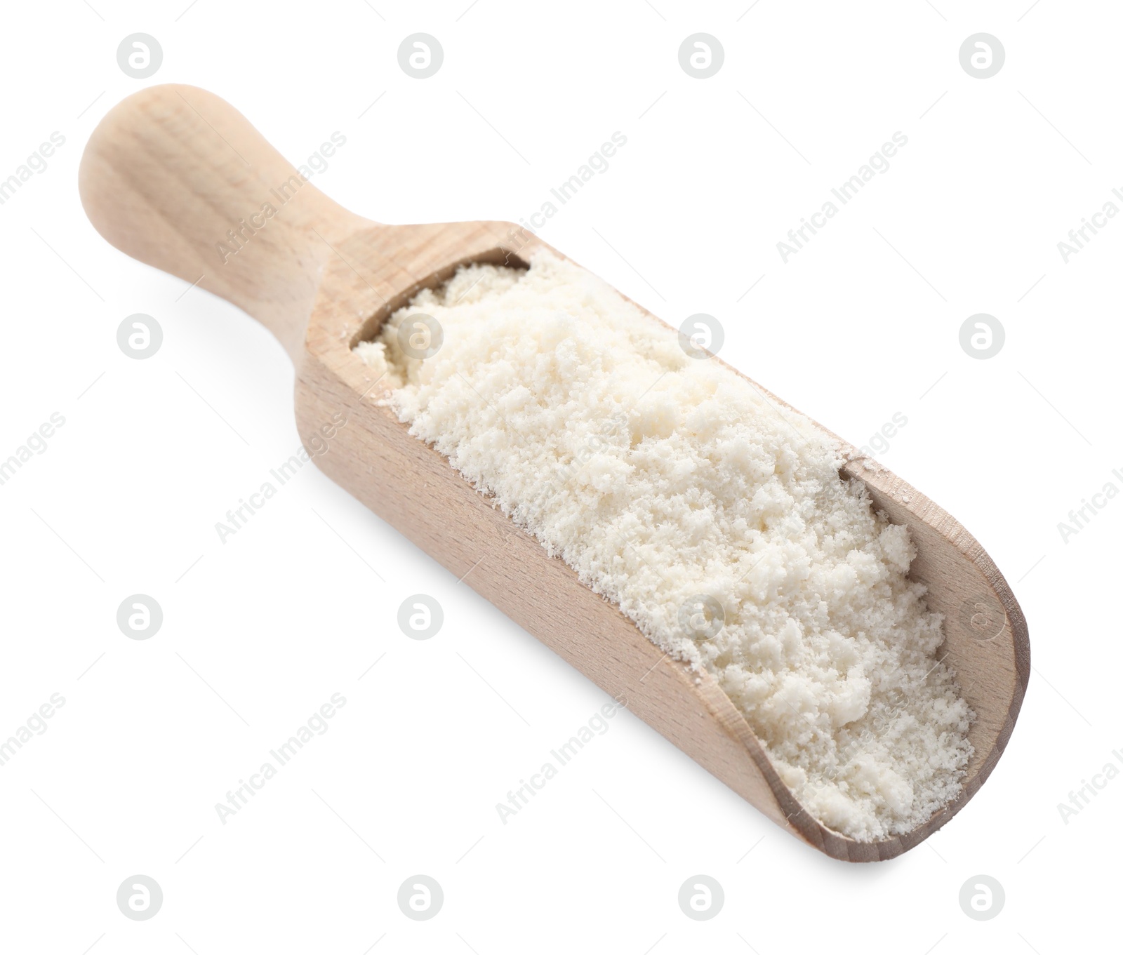 Photo of Fresh coconut flour in scoop isolated on white