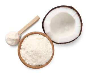 Photo of Fresh coconut flour in bowl, spoon and nut isolated on white, top view