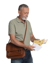 Postman with brown bag delivering letters on white background