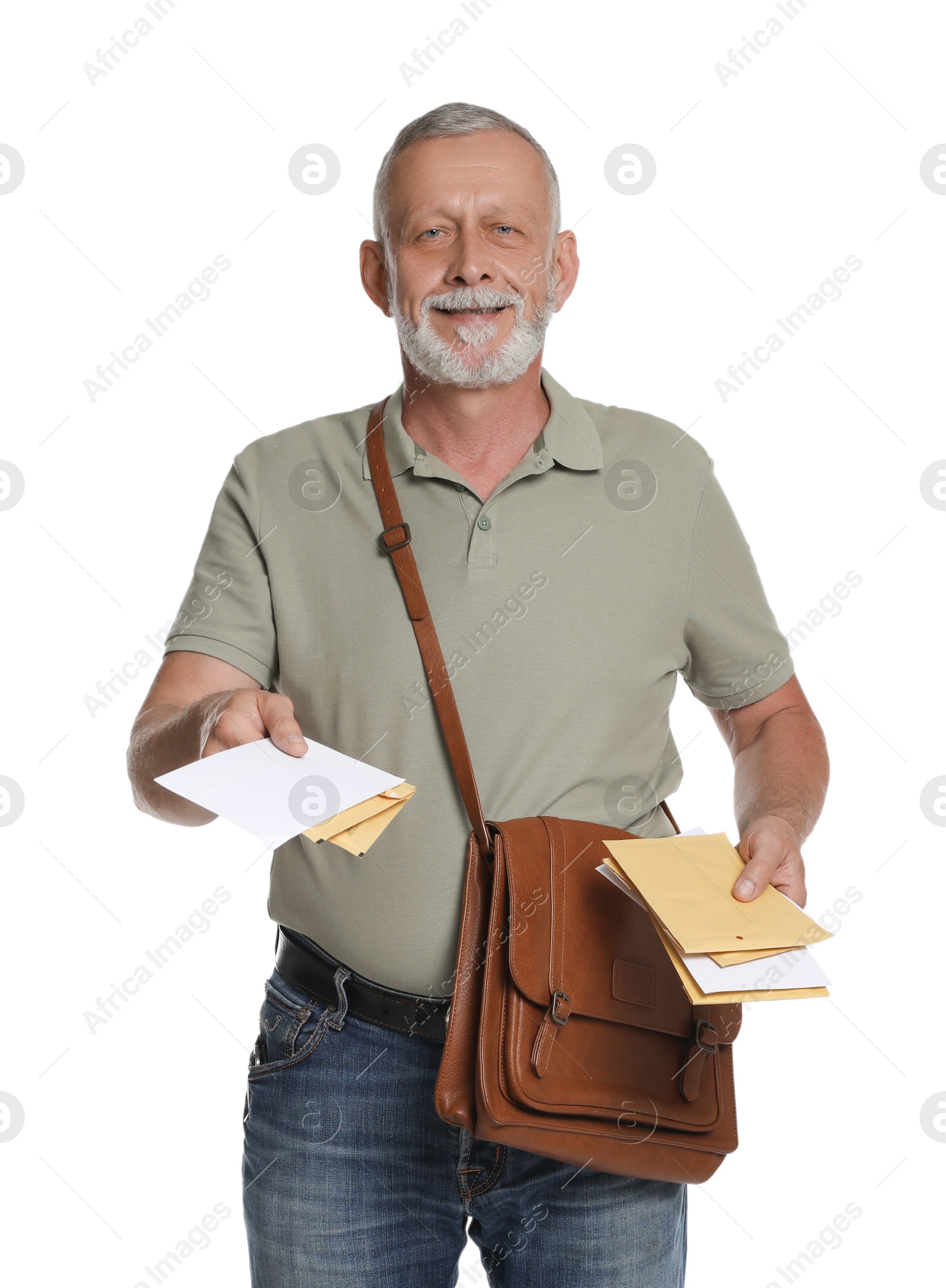 Photo of Postman with brown bag delivering letters on white background