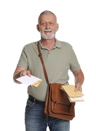 Postman with brown bag delivering letters on white background