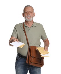 Photo of Postman with brown bag delivering letters on white background