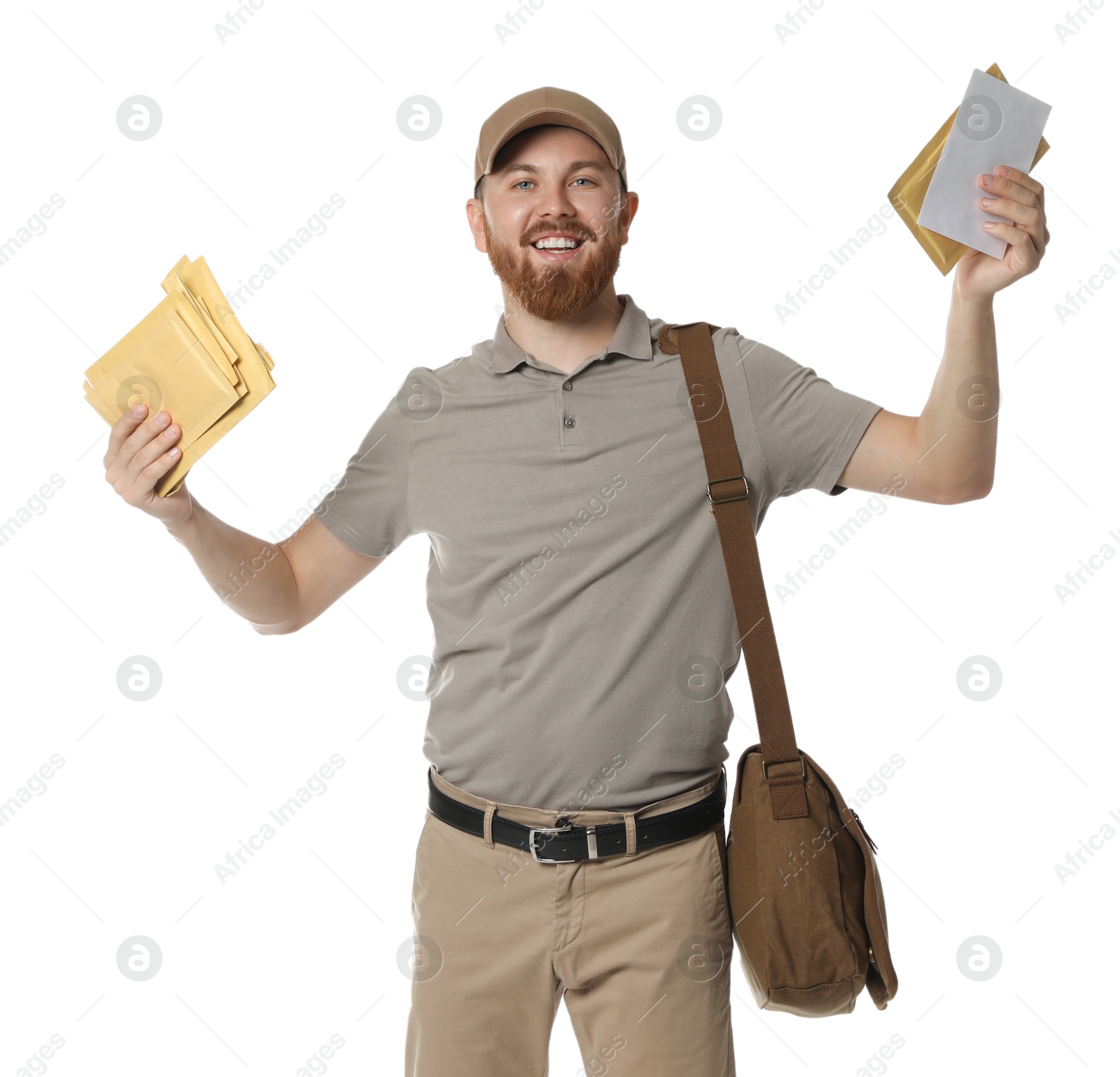 Photo of Happy young postman with brown bag delivering letters on white background