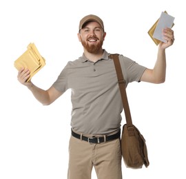 Happy young postman with brown bag delivering letters on white background