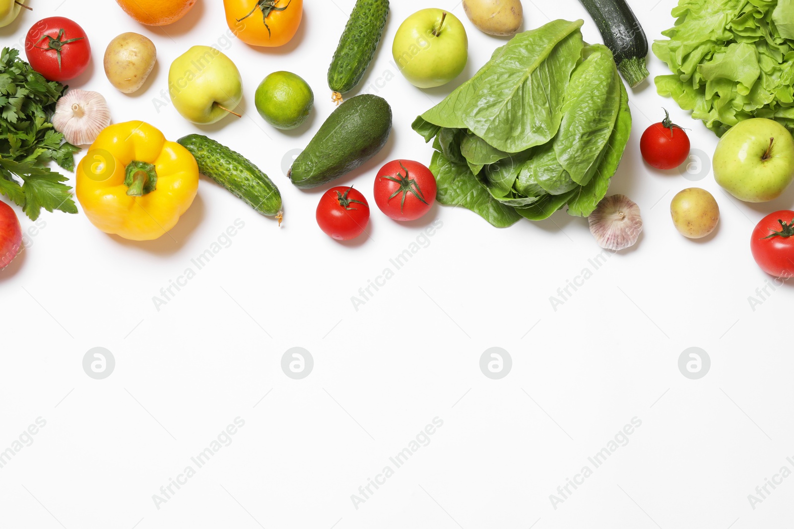 Photo of Healthy vegetarian food. Different vegetables and fruits on white background, flat lay. Space for text