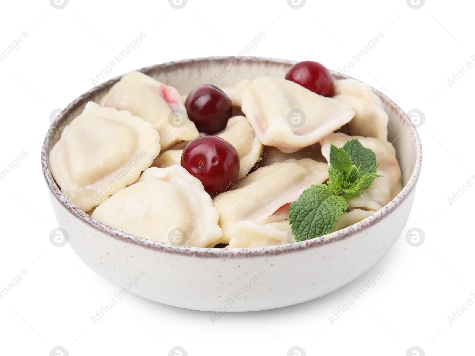 Photo of Traditional Ukrainian dumplings (varenyky) with cherries isolated on white