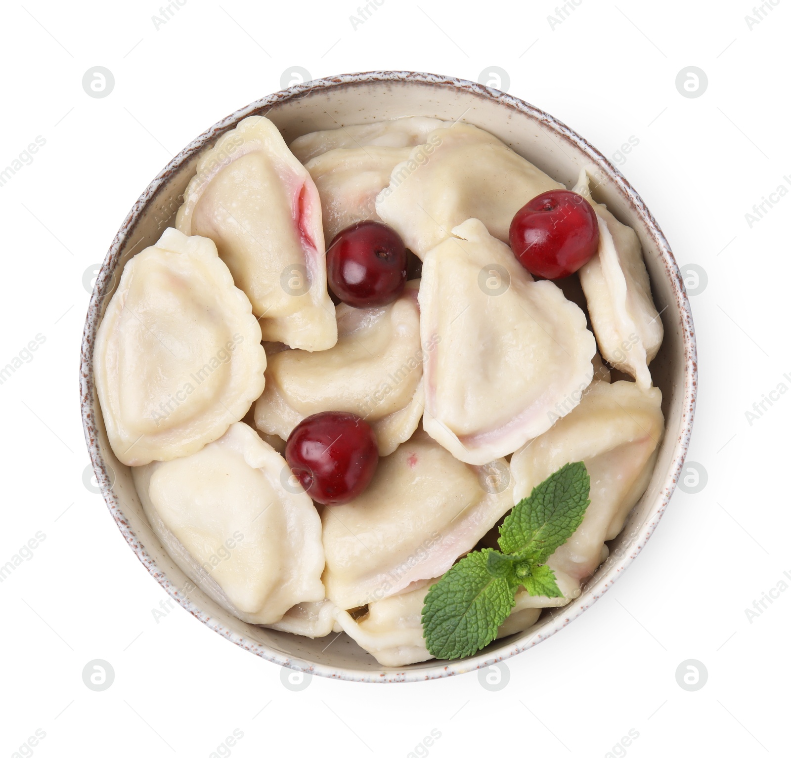 Photo of Traditional Ukrainian dumplings (varenyky) with cherries isolated on white, top view