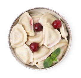 Traditional Ukrainian dumplings (varenyky) with cherries isolated on white, top view