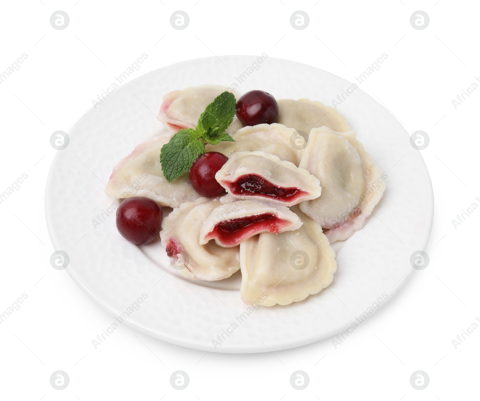 Photo of Traditional Ukrainian dumplings (varenyky) with cherries isolated on white