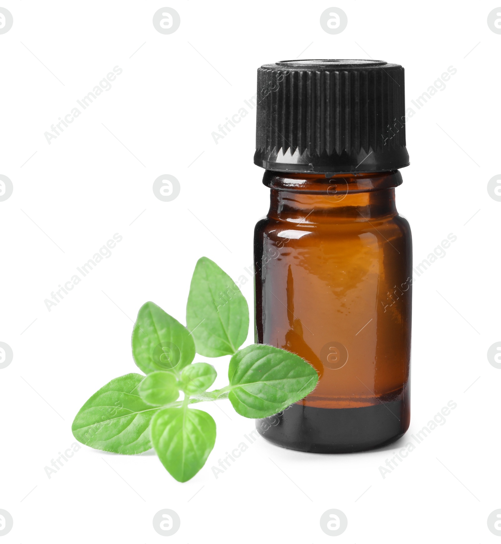 Photo of Essential oil in bottle and oregano leaves isolated on white