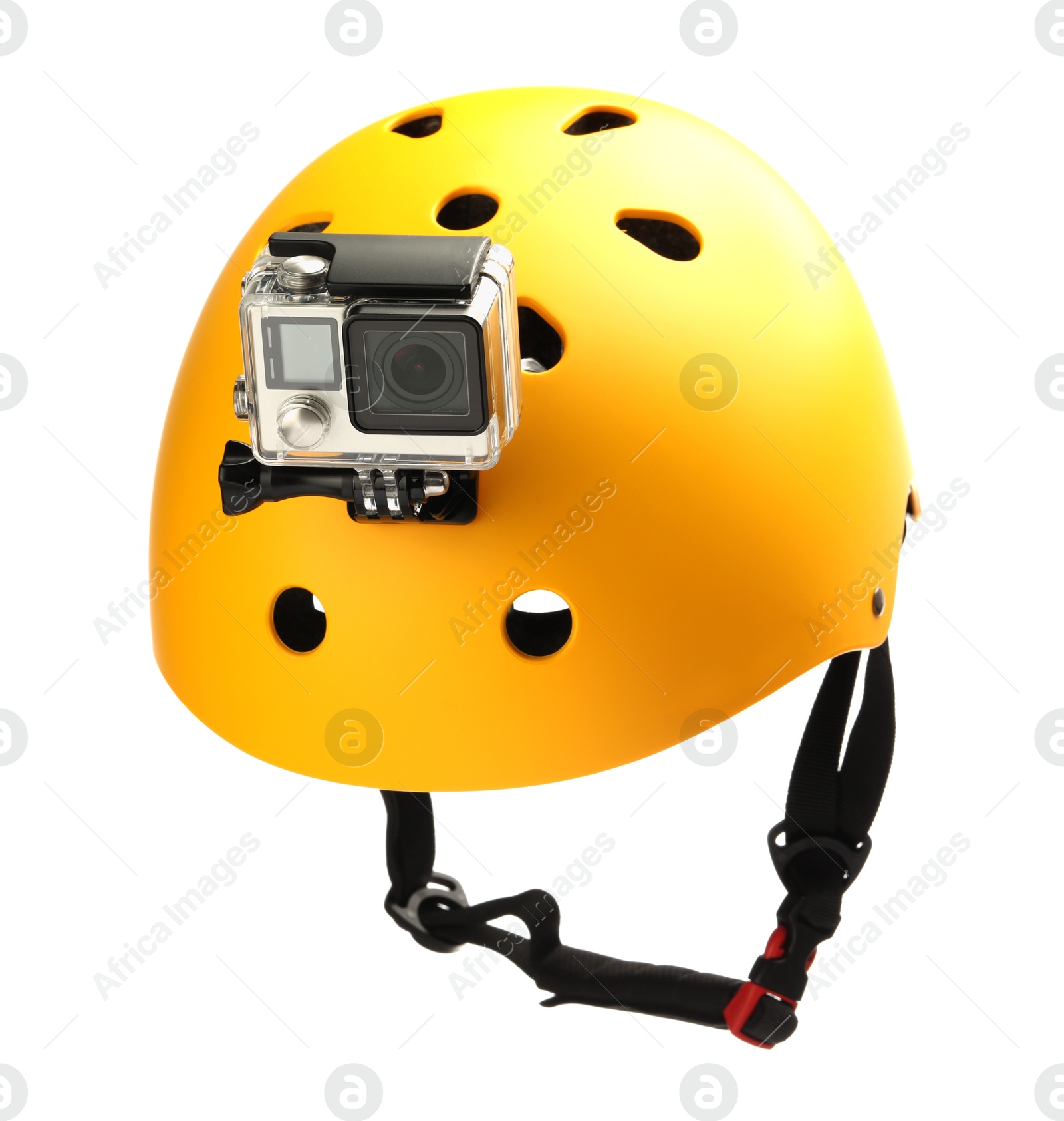 Photo of Modern action camera on helmet against white background